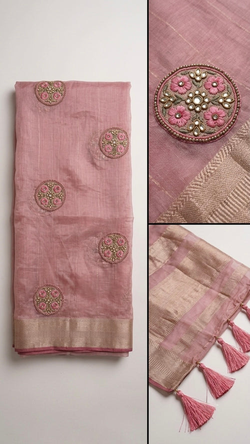Dusty Rose Chanderi Tissue Saree with Hand-Embroidered Floral Bootas & Zari Border