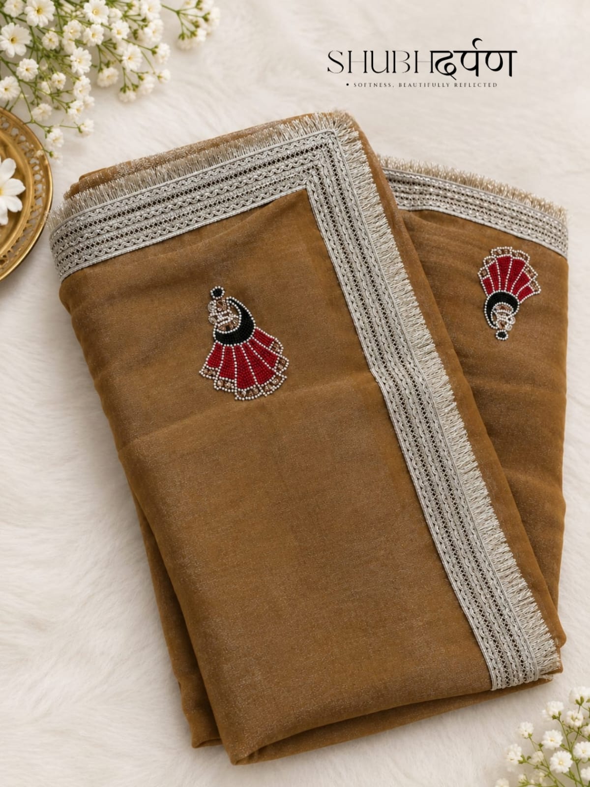 Soft Mustard Brown Saree with Beaded Motifs by Shubhdarpan