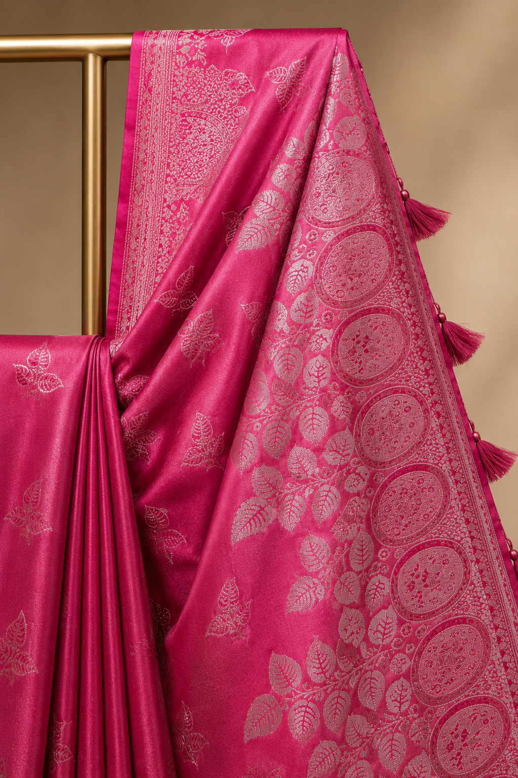 Exquisite Magenta Pink Saree with Silver Floral Zari Work & Tassels