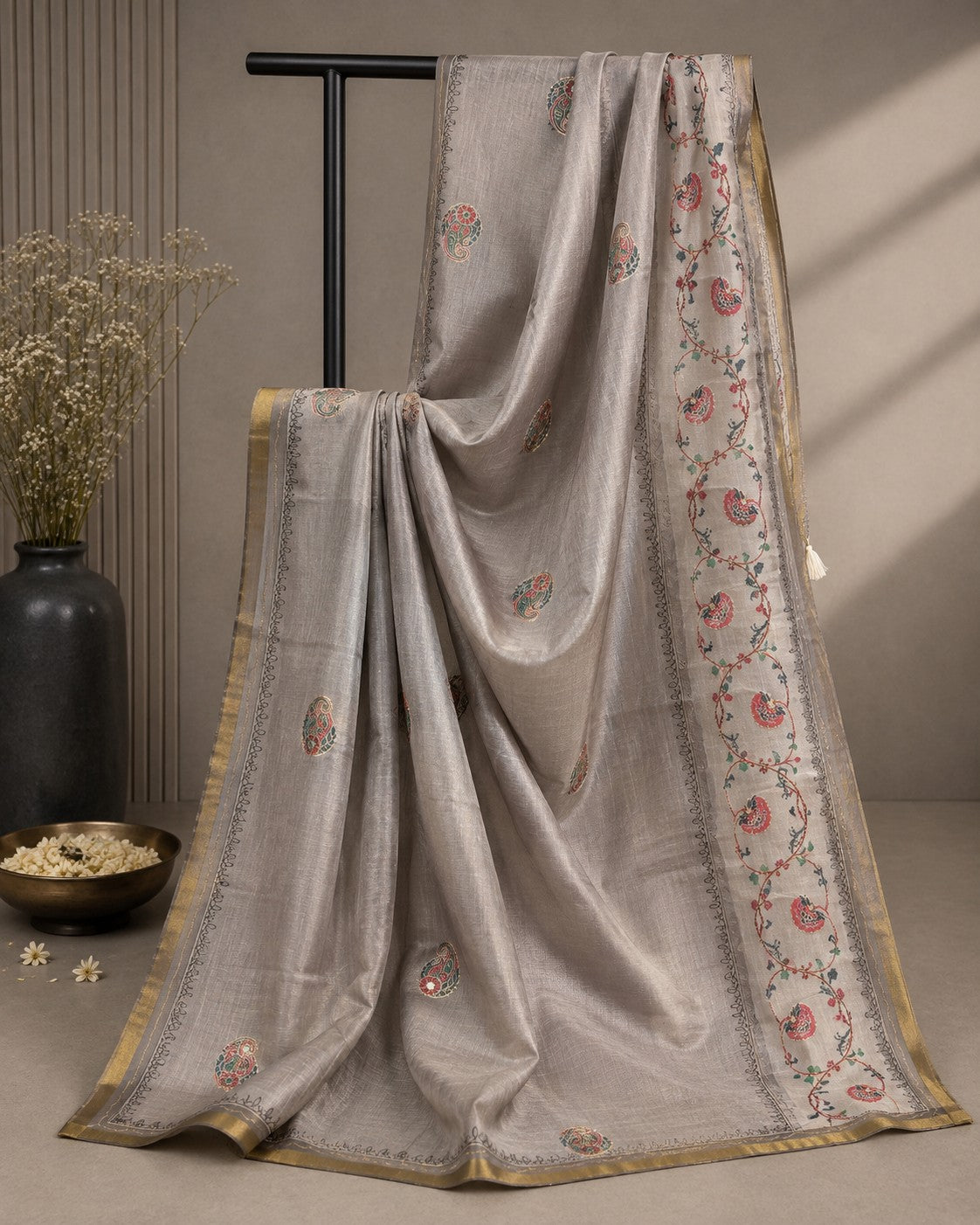 Elegant Grey Cotton Saree with Multi-colored Paisley Motifs & Floral Vine Border