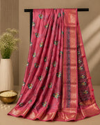 Radiant Rose Pink Silk Saree with Floral Prints & Golden Zari Border