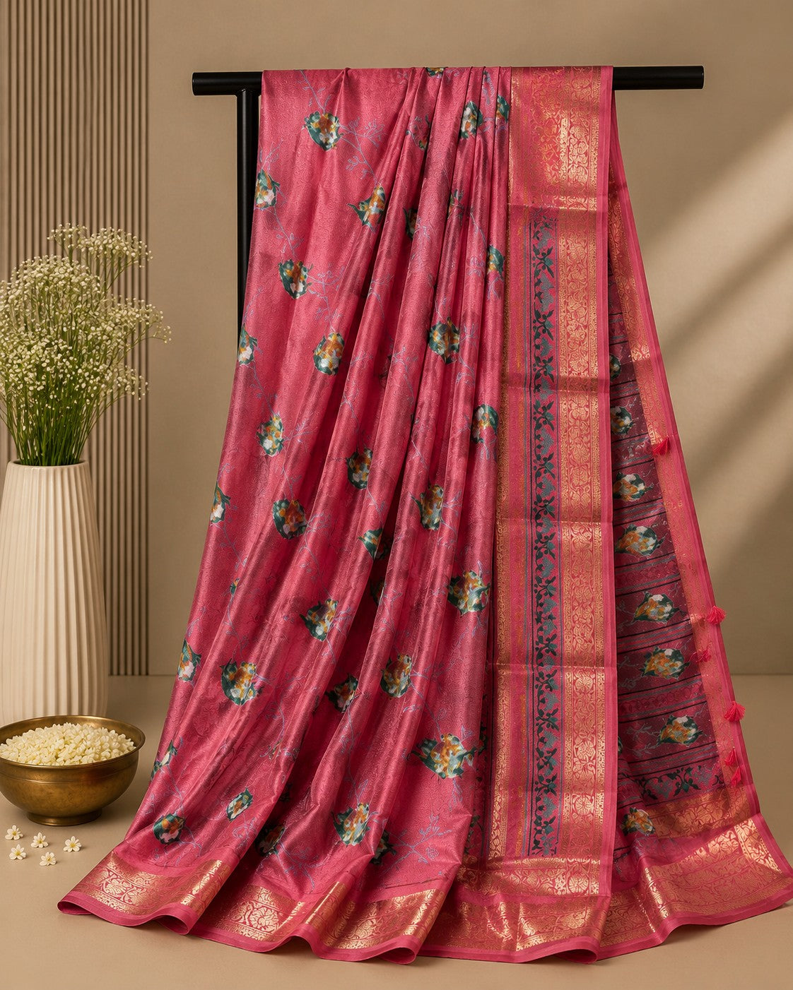 Radiant Rose Pink Silk Saree with Floral Prints & Golden Zari Border
