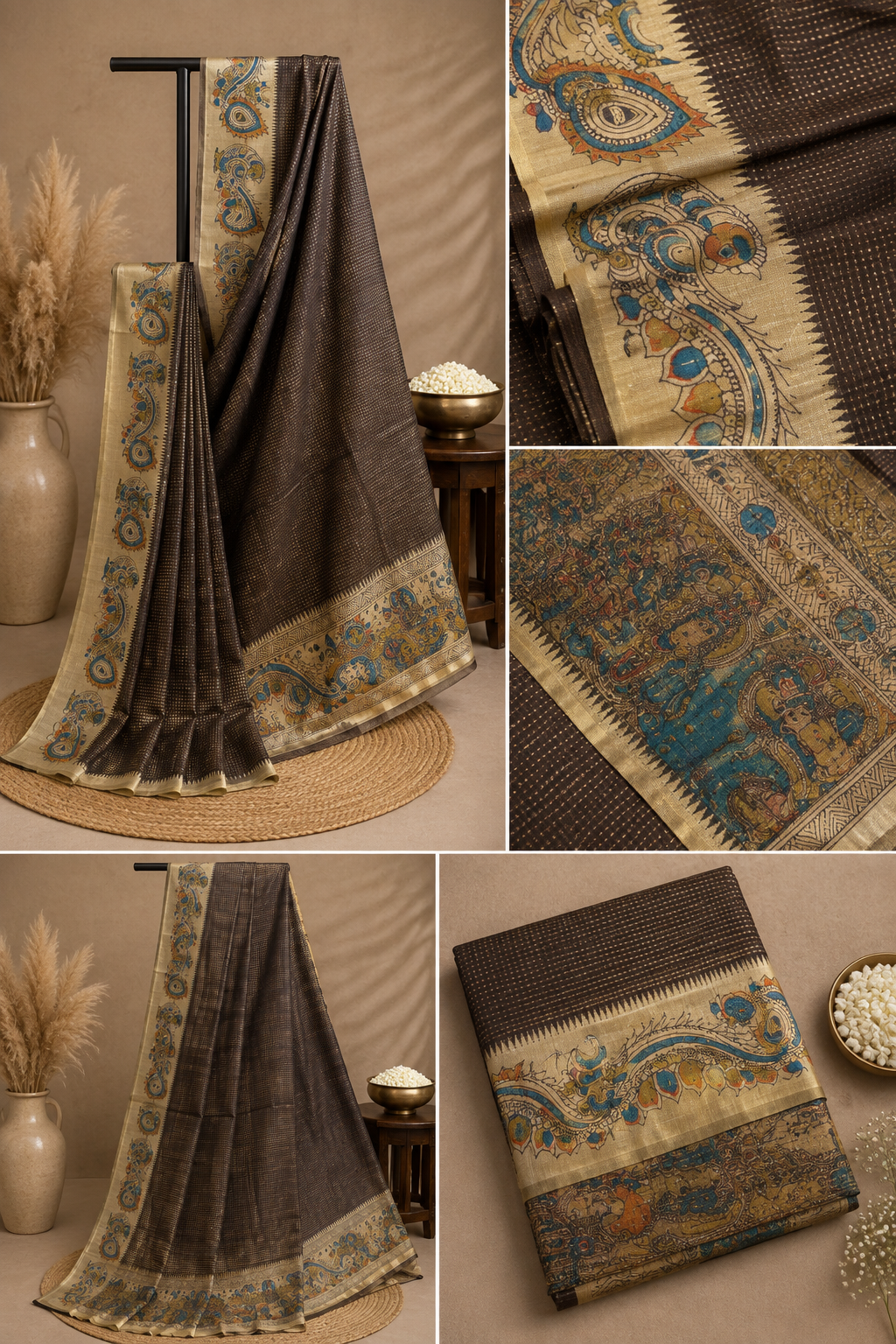 Elegant Deep Brown Saree with Kalamkari Peacock Border & Golden Butis