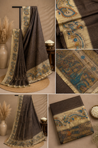 Elegant Deep Brown Saree with Kalamkari Peacock Border & Golden Butis