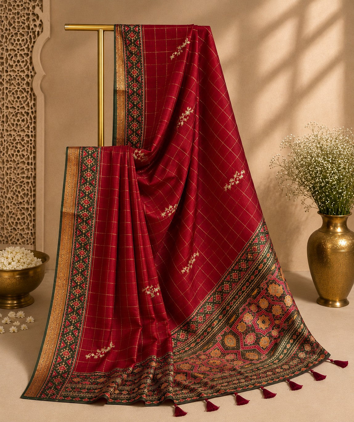 Rich Maroon Silk Saree with Zari Checks & Contrast Geometric Border