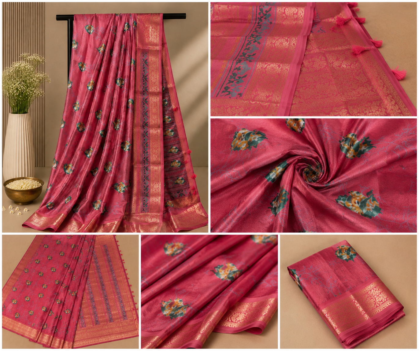 Radiant Rose Pink Silk Saree with Floral Prints & Golden Zari Border