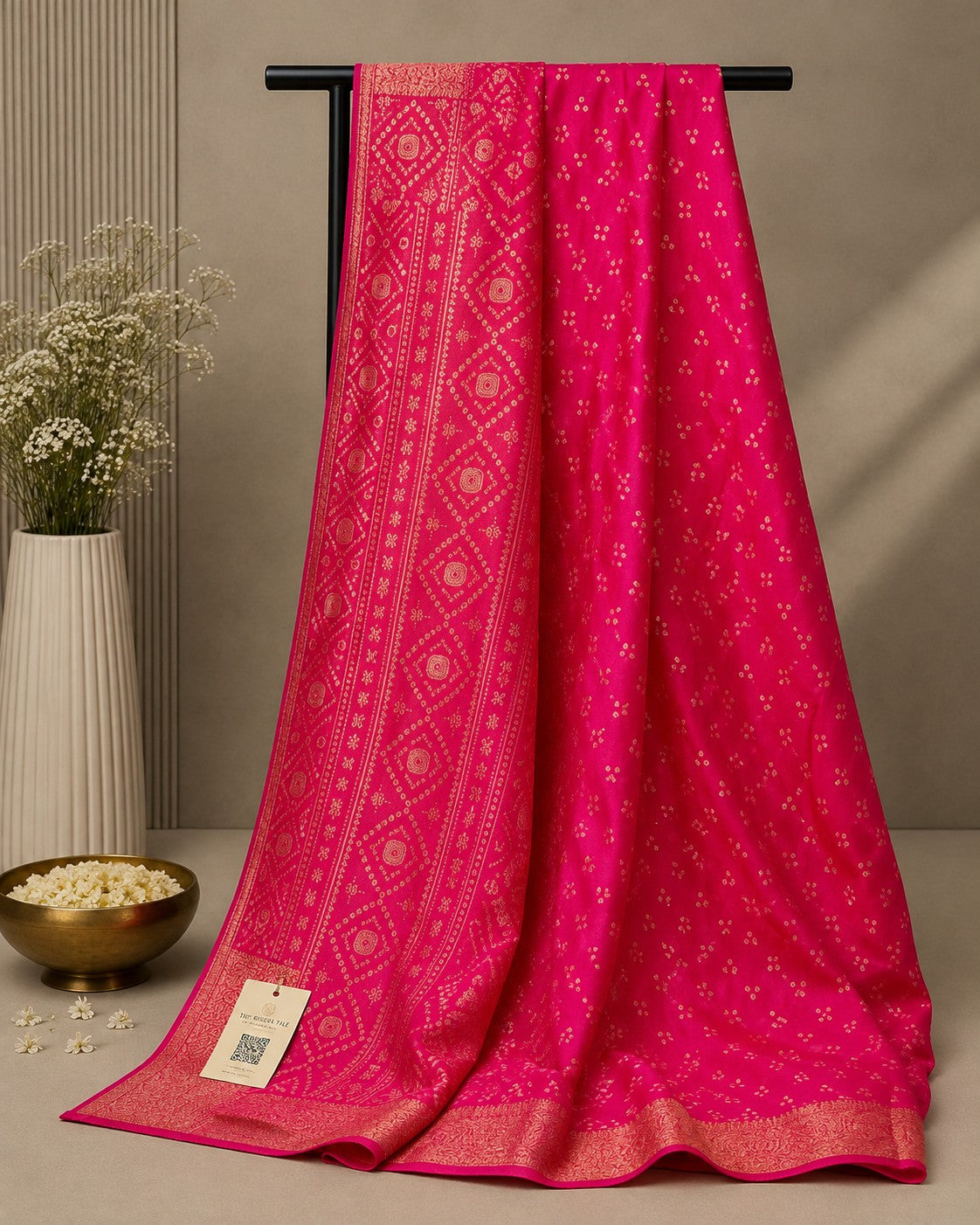 Radiant Fuchsia Pink Silk Saree with Golden Zari Geometric Weave