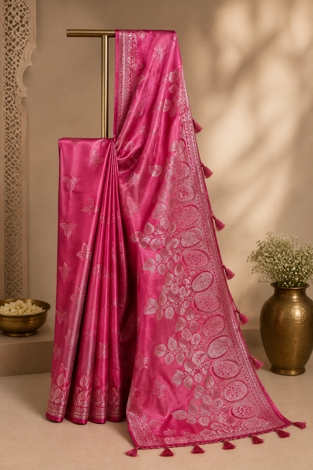 Exquisite Magenta Pink Saree with Silver Floral Zari Work & Tassels