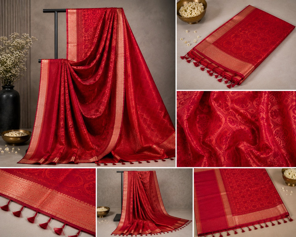 Radiant Vermillion Orange Red Silk Saree with Golden Zari Border & Woven Motifs