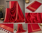 Radiant Vermillion Orange Red Silk Saree with Golden Zari Border & Woven Motifs