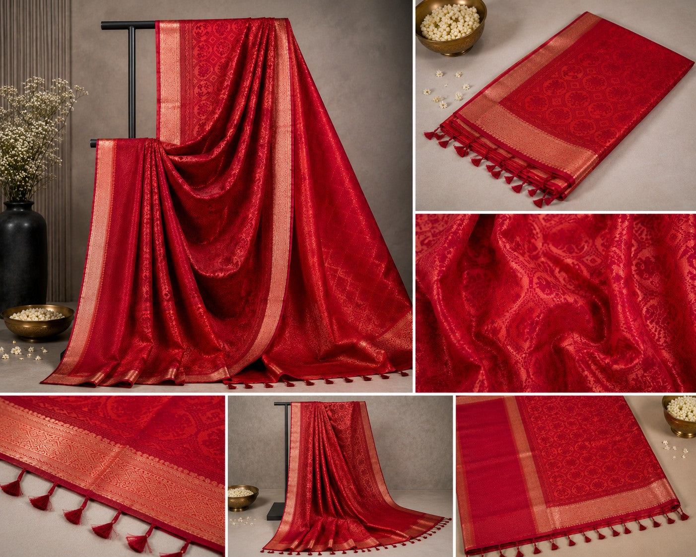 Radiant Vermillion Orange Red Silk Saree with Golden Zari Border & Woven Motifs