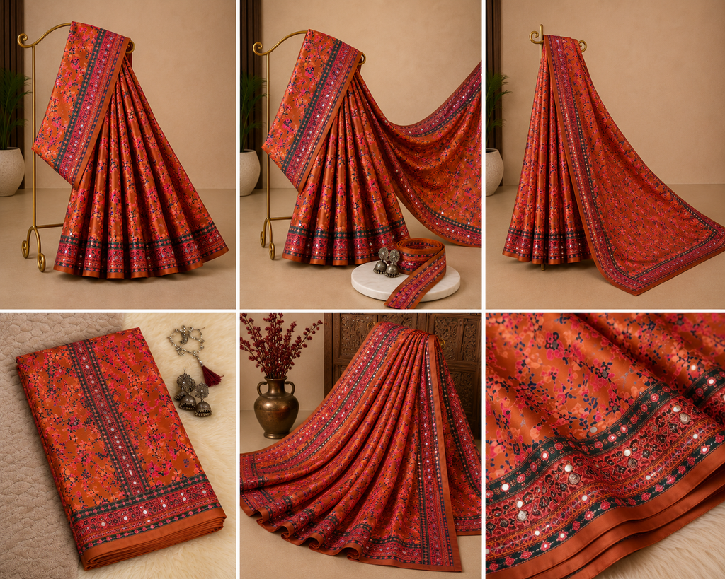 Soft Silk Floral Print with Mirror Work Rust Orange Festive Wear Saree