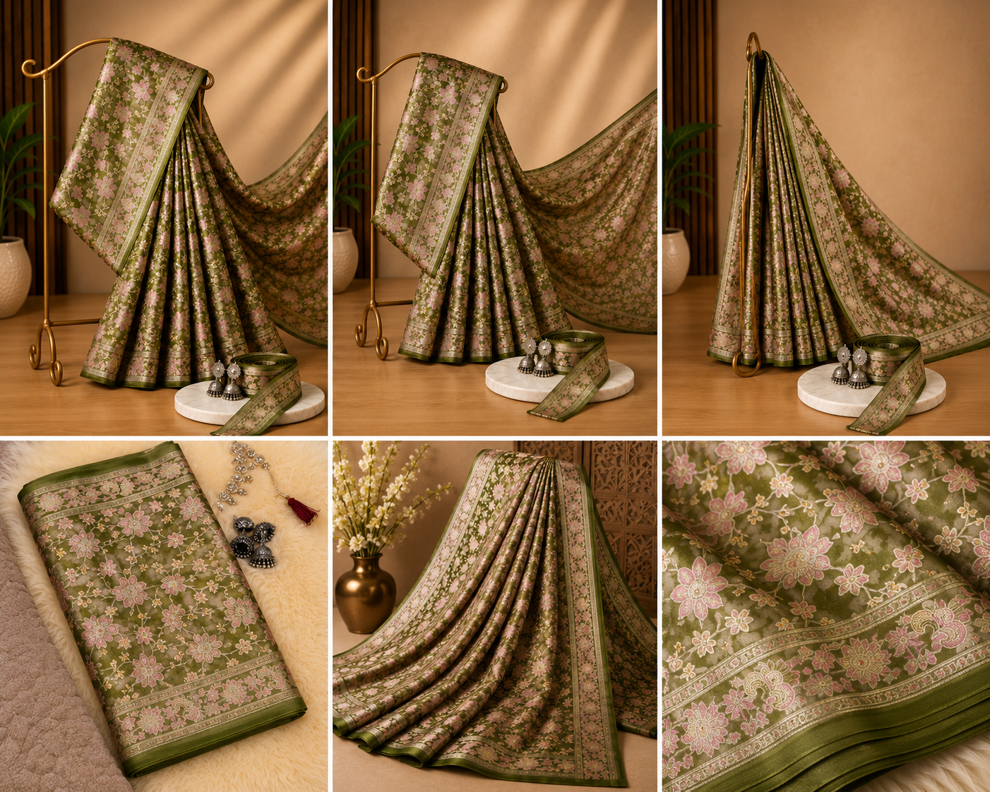Olive Green Soft Silk Saree with Pink Floral Weave and Zari Border