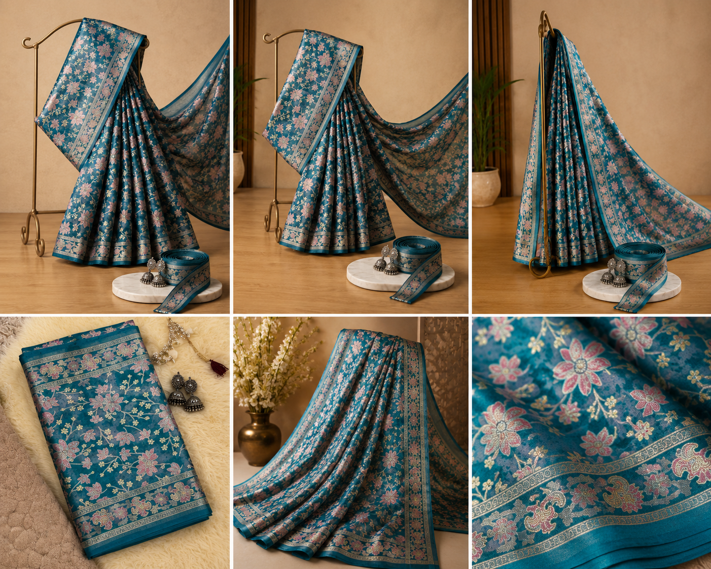 Soft Silk Floral Print Teal Green Blue Festive Wear Saree