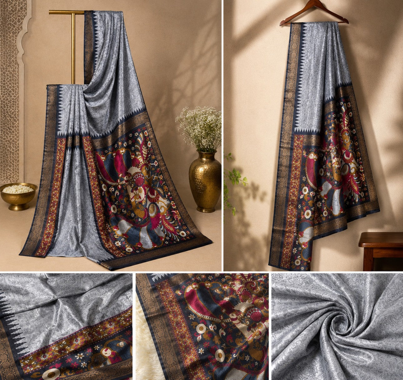Stunning Silver Grey Silk Saree with Vibrant Kalamkari Art Pallu & Temple Border