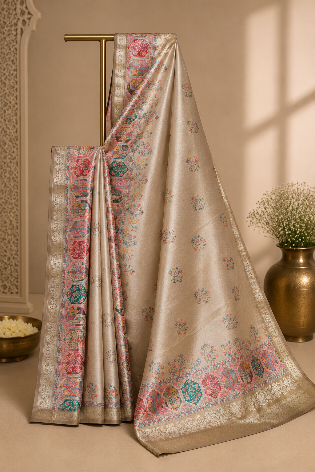 Elegant Champagne Gold Silk Saree with Multi-Colored Heritage Border