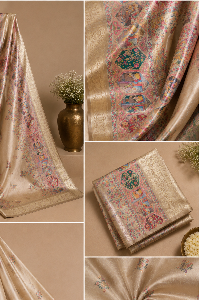 Elegant Champagne Gold Silk Saree with Multi-Colored Heritage Border