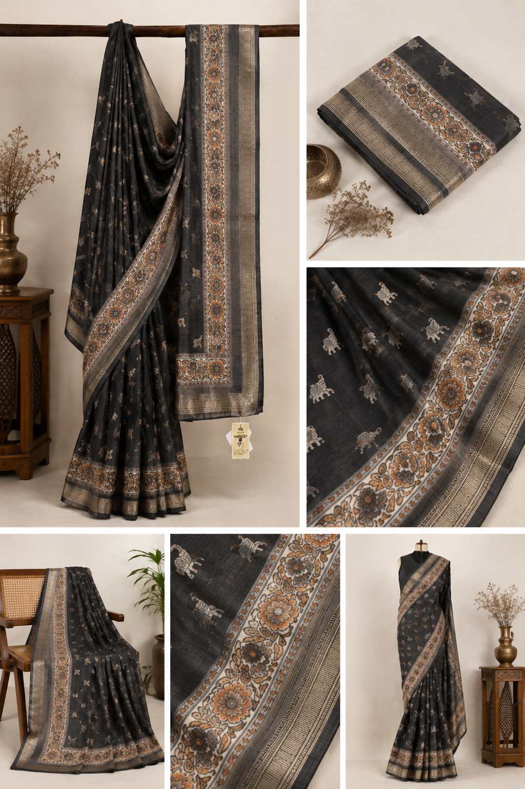 Elegant Charcoal Black Silk Saree with Elephant Motifs & Floral Zari Border