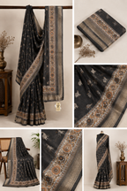 Elegant Charcoal Black Silk Saree with Elephant Motifs & Floral Zari Border