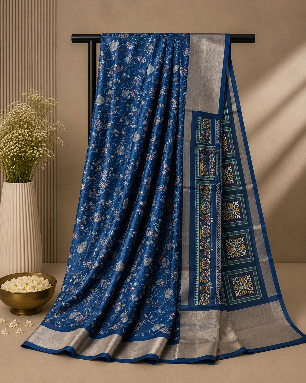 Elegant Blue Saree with Intricate Paisley Motifs & Silver Border