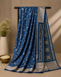 Elegant Blue Saree with Intricate Paisley Motifs & Silver Border