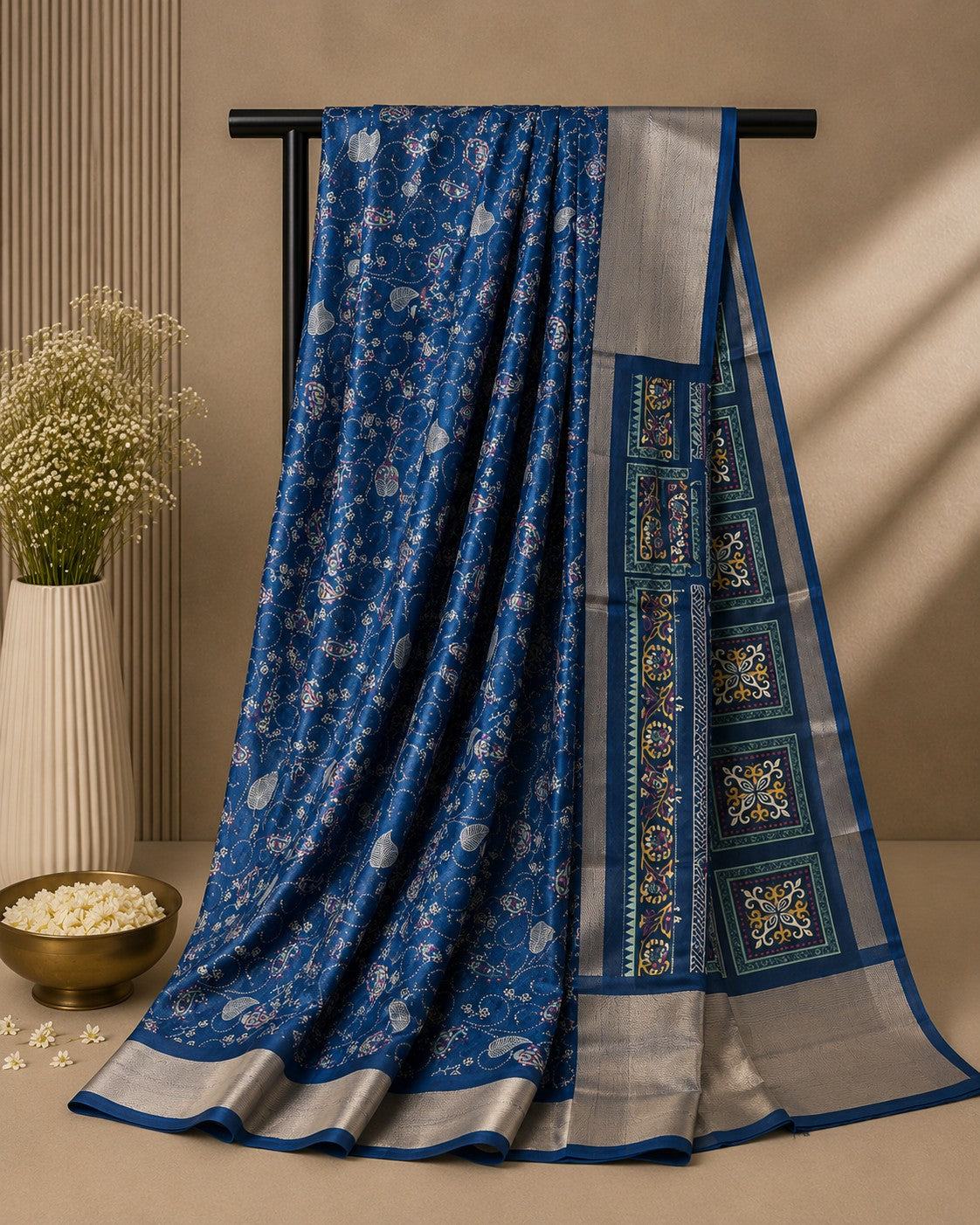 Elegant Blue Saree with Intricate Paisley Motifs & Silver Border