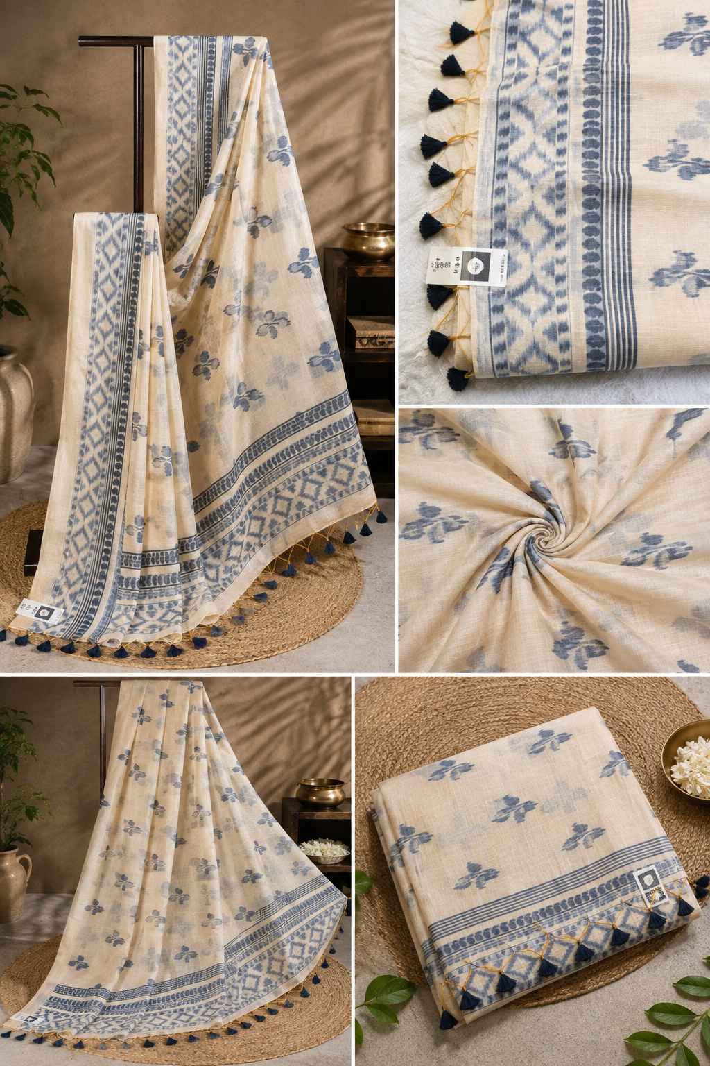 Elegant Beige Cotton Linen Saree with Indigo Blue Block Print Motifs