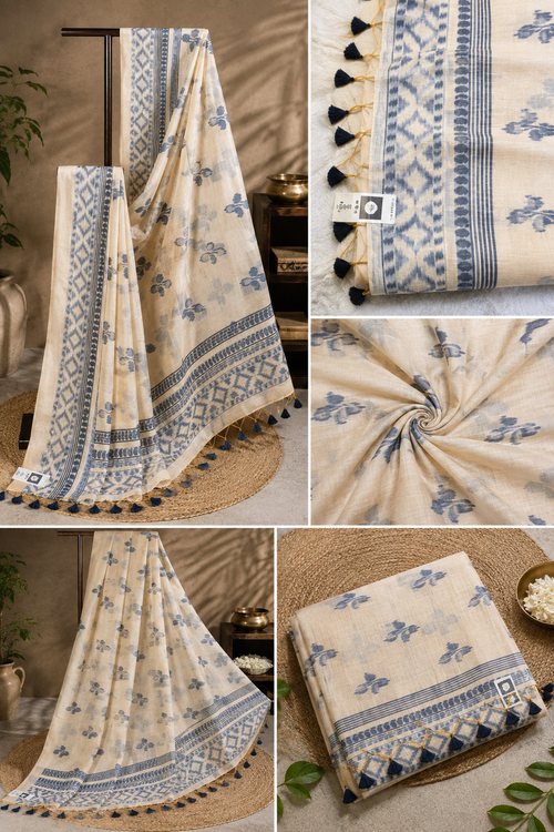 Elegant Beige Cotton Linen Saree with Indigo Blue Block Print Motifs