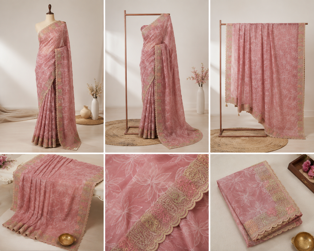 Ethereal Dusty Pink Organza Saree with Scalloped Floral Border