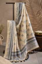 Elegant Beige Cotton Linen Saree with Indigo Blue Block Print Motifs