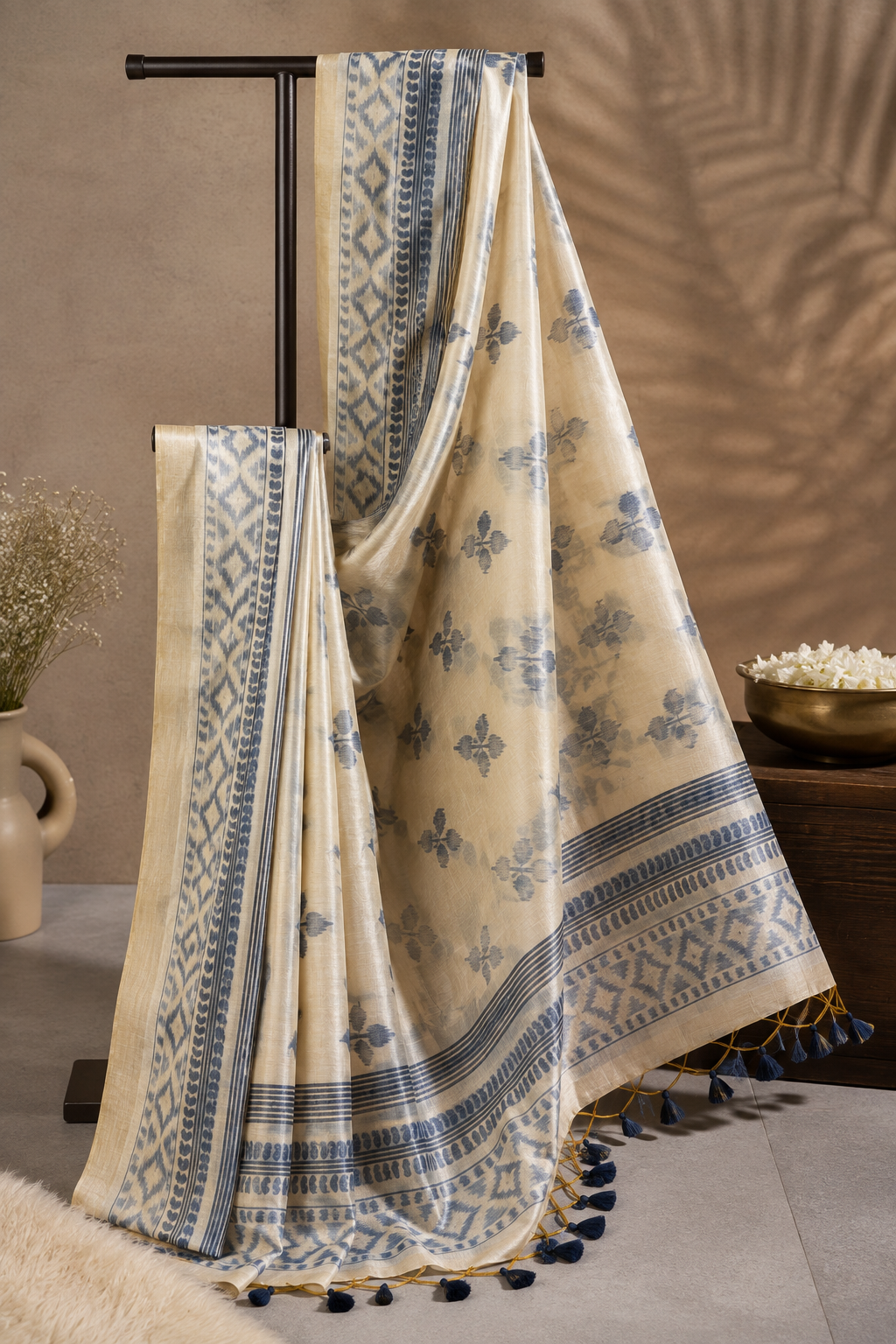 Elegant Beige Cotton Linen Saree with Indigo Blue Block Print Motifs