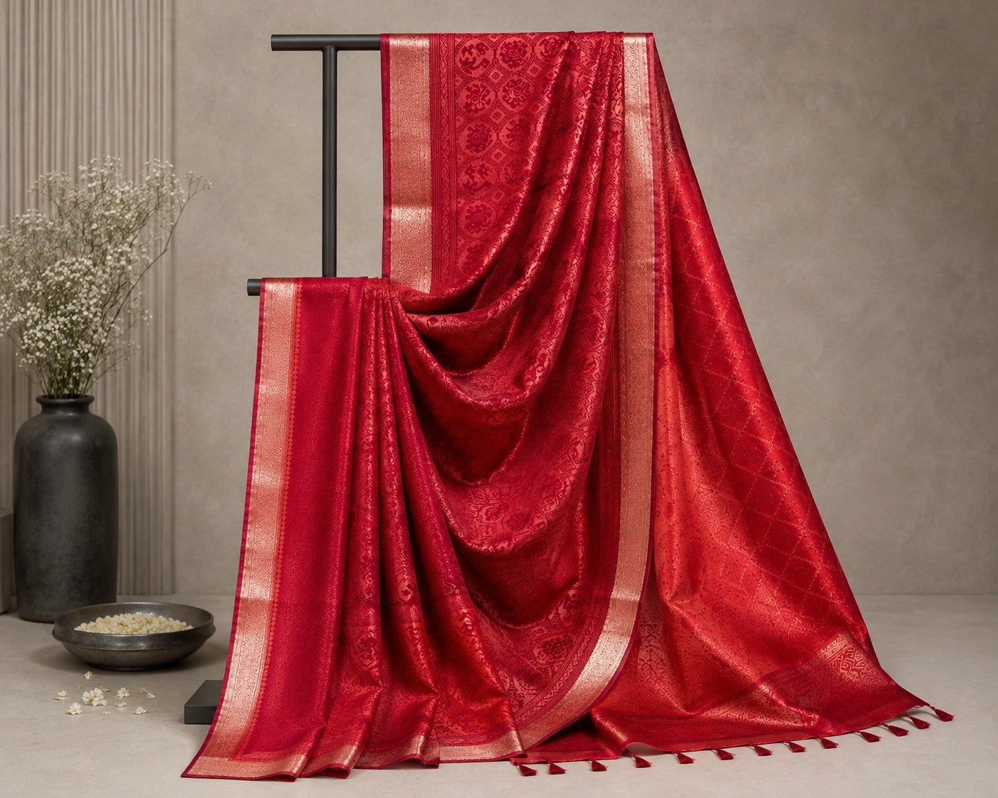 Radiant Vermillion Orange Red Silk Saree with Golden Zari Border & Woven Motifs