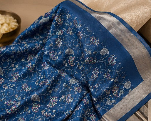 Elegant Blue Saree with Intricate Paisley Motifs & Silver Border
