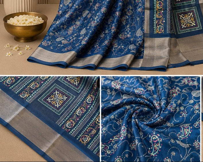 Elegant Blue Saree with Intricate Paisley Motifs & Silver Border