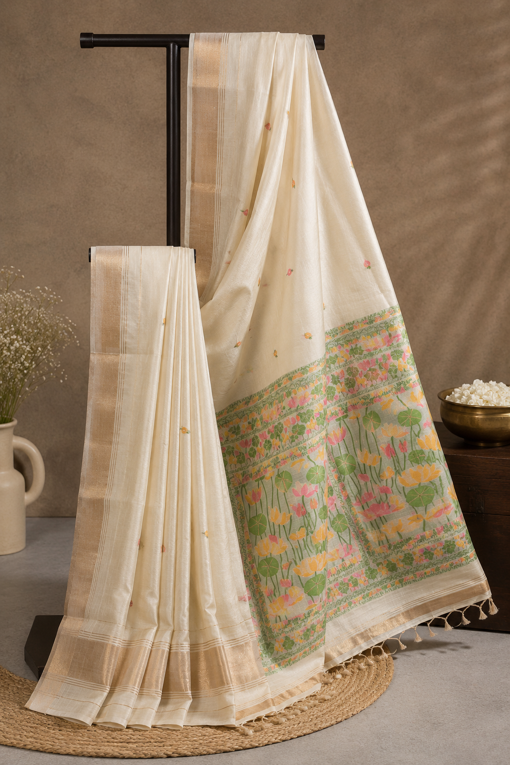 Elegant Cream Silk Saree with Vibrant Lotus Floral Pallu & Gold Zari Border
