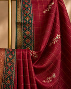 Rich Maroon Silk Saree with Zari Checks & Contrast Geometric Border