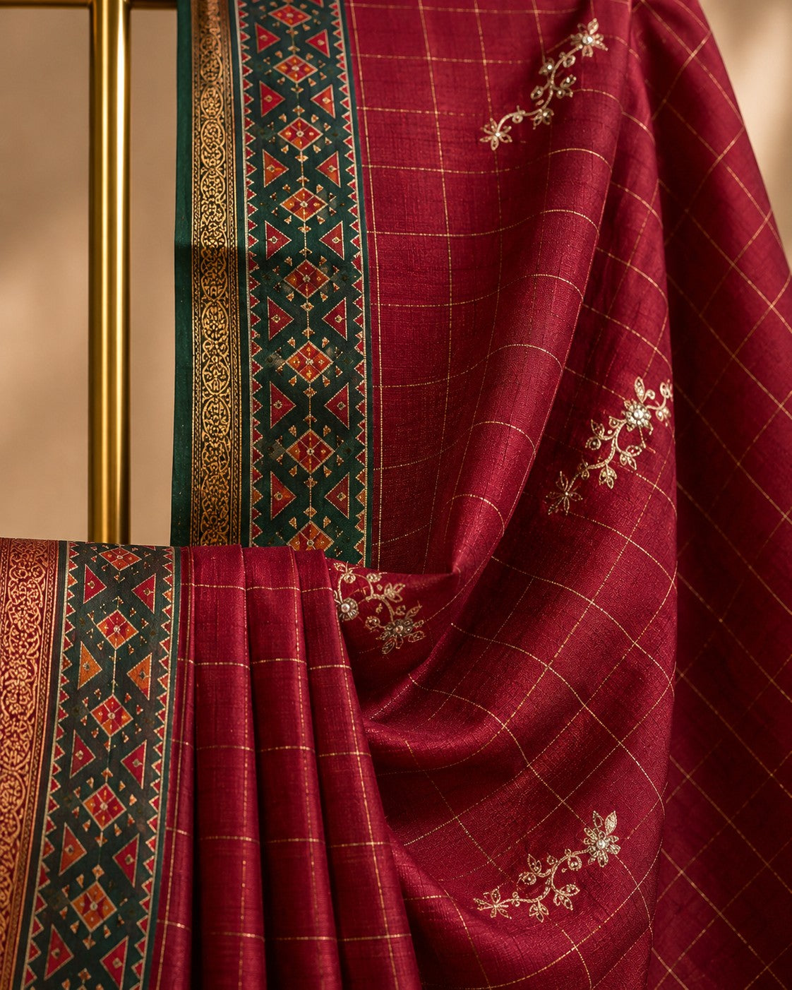 Rich Maroon Silk Saree with Zari Checks & Contrast Geometric Border
