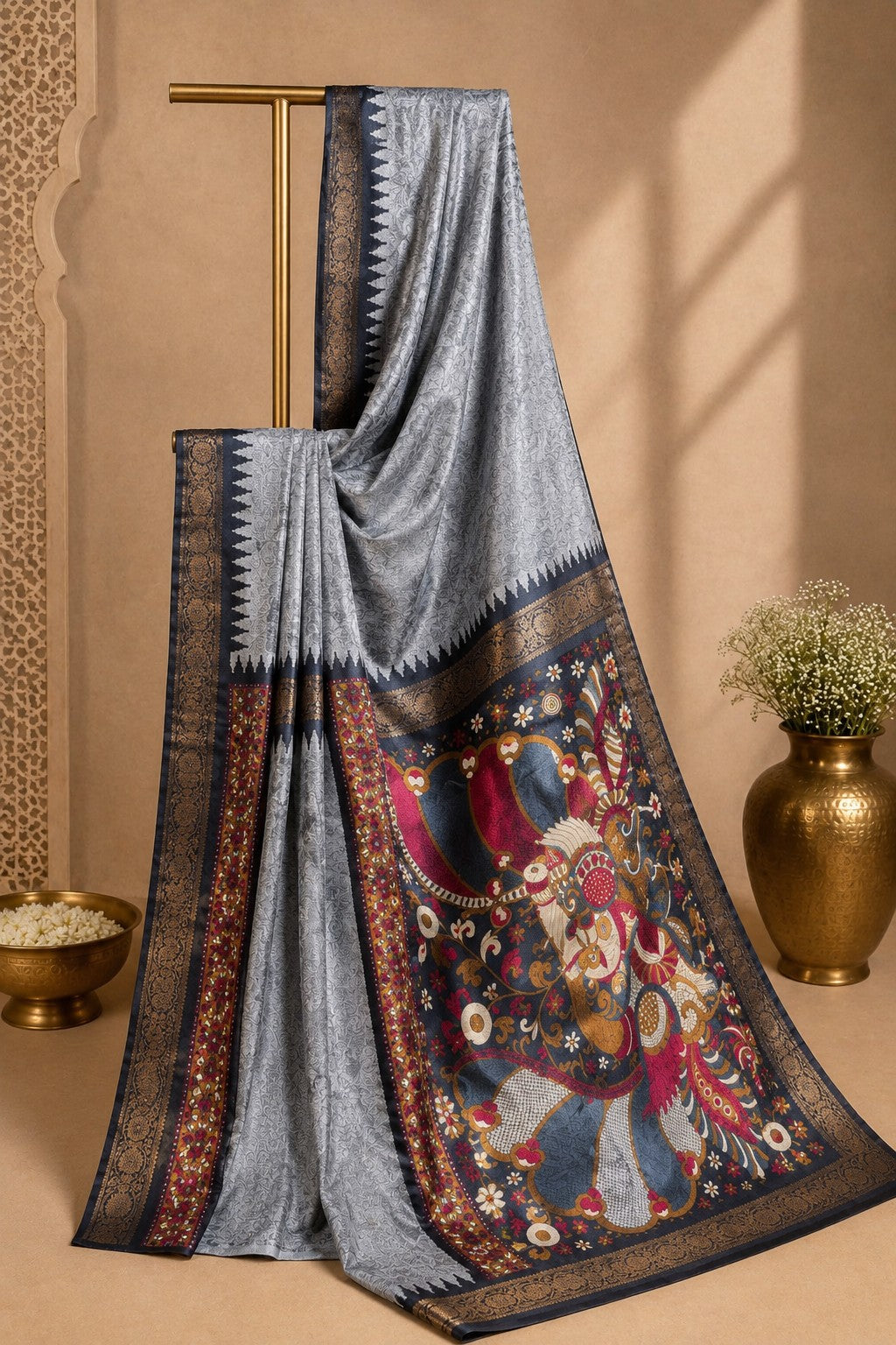 Stunning Silver Grey Silk Saree with Vibrant Kalamkari Art Pallu & Temple Border