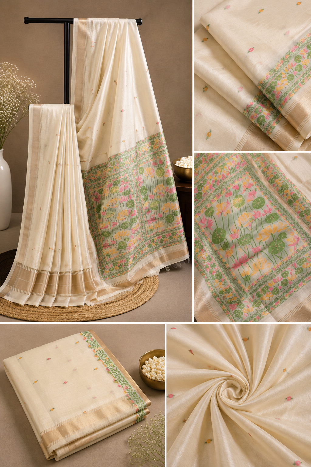 Elegant Cream Silk Saree with Vibrant Lotus Floral Pallu & Gold Zari Border