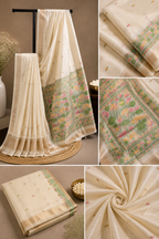 Elegant Cream Silk Saree with Vibrant Lotus Floral Pallu & Gold Zari Border