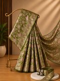 Olive Green Soft Silk Saree with Pink Floral Weave and Zari Border