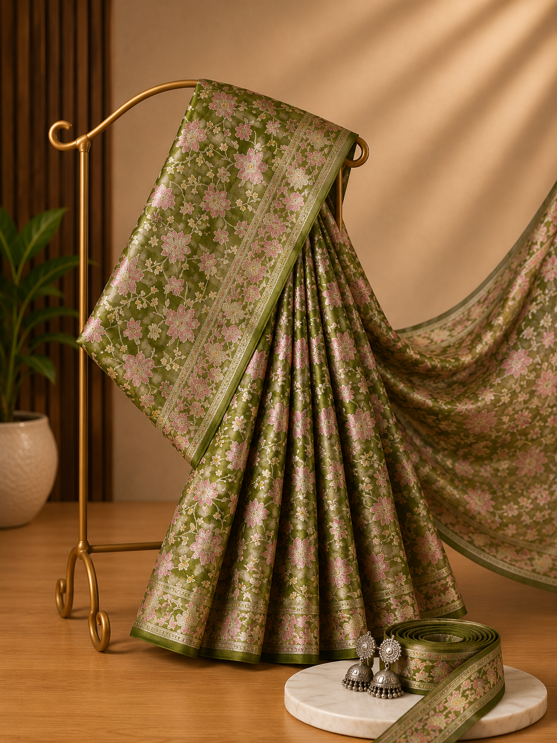 Olive Green Soft Silk Saree with Pink Floral Weave and Zari Border