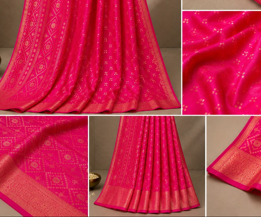Radiant Fuchsia Pink Silk Saree with Golden Zari Geometric Weave