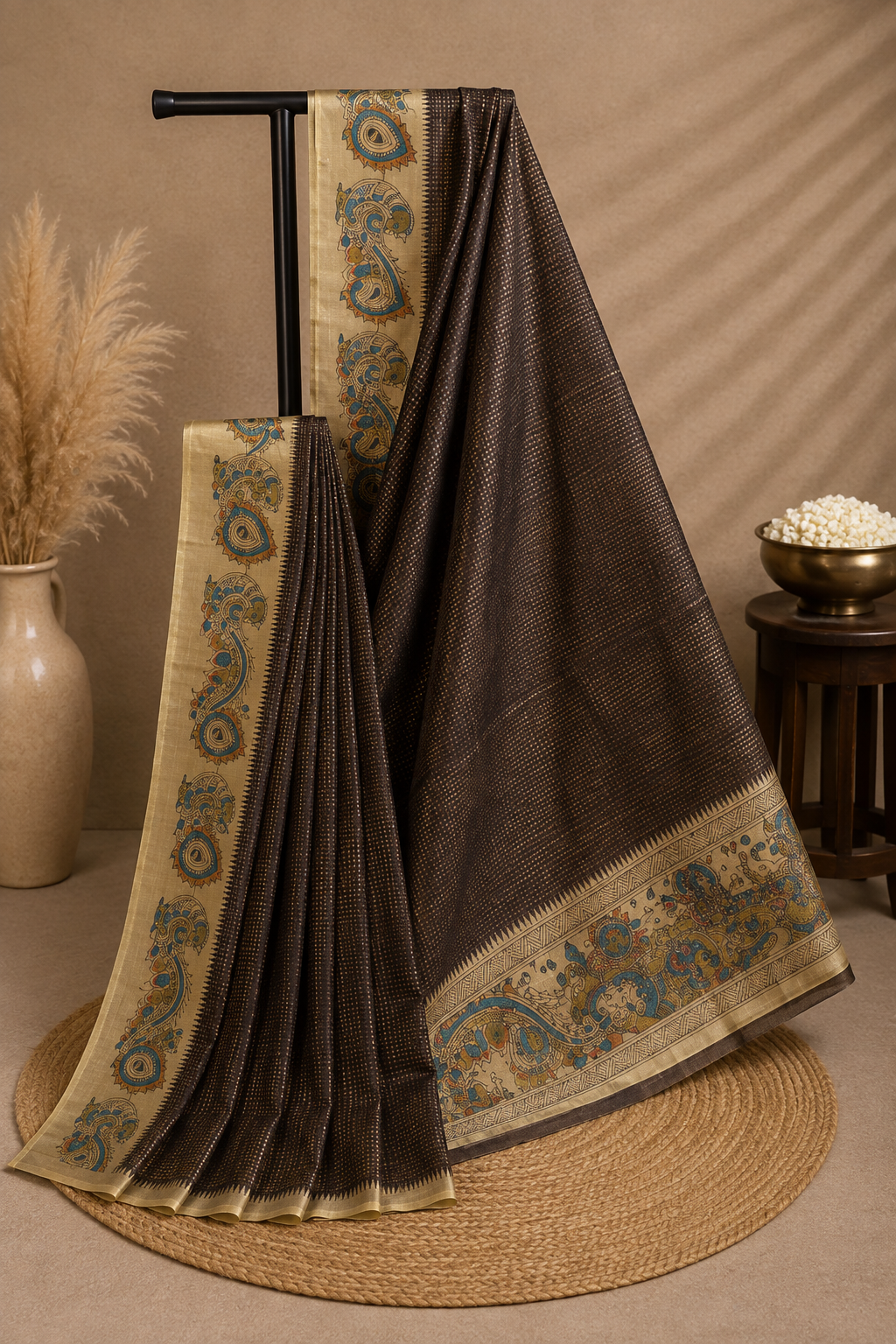 Elegant Deep Brown Saree with Kalamkari Peacock Border & Golden Butis