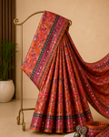 Soft Silk Floral Print with Mirror Work Rust Orange Festive Wear Saree