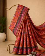 Soft Silk Floral Print with Mirror Work Rust Orange Festive Wear Saree