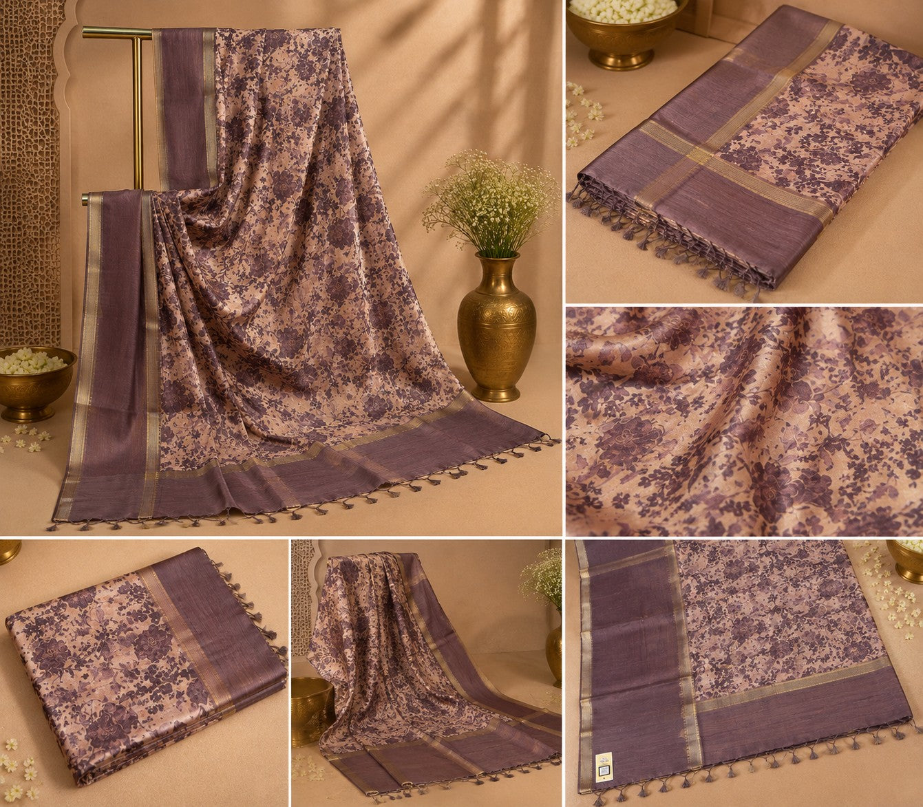 Vintage Floral Print Silk Saree in Beige & Deep Plum with Zari Border