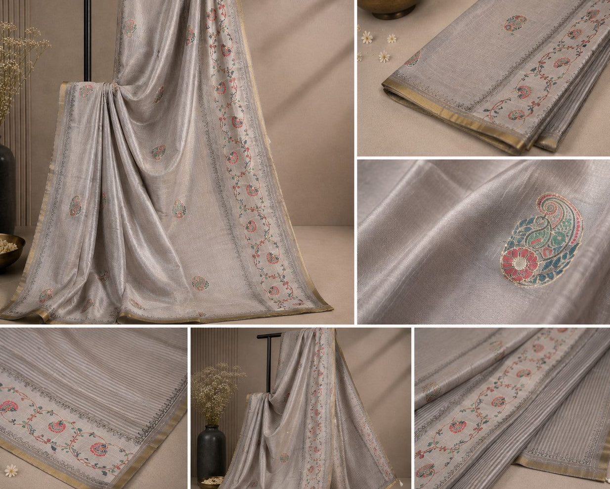 Elegant Grey Cotton Saree with Multi-colored Paisley Motifs & Floral Vine Border