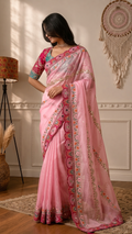 Blush Pink Fancy Organza Saree with Embroidered Blouse | Floral Zari & Sequin Work