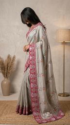Silver Grey Floral Embroidered Saree with Pink Border & Sequin Work | Designer Saree with Blouse